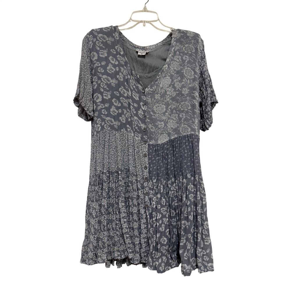 Y2K Nostalgia Floral Patchwork Mini Dress Blue Grey Button Front Boho Rayon S